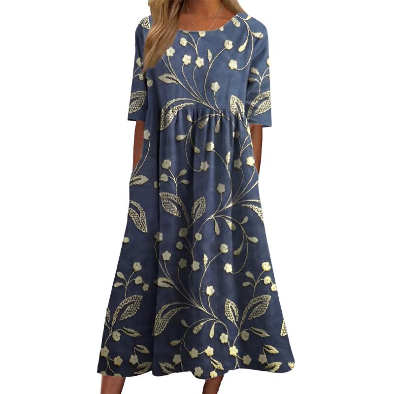 Margit | Stijlvolle Bloemen Borduur Midi Jurk