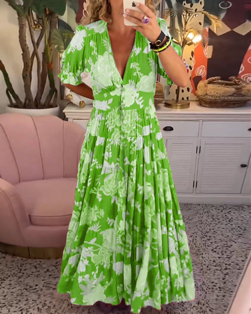 Catrisa™ - Bloemenprint V-hals jurk met zakken