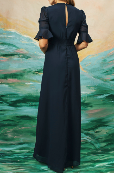 Eliana | Marineblauwe Bloem Borduursel Elegante Jurk