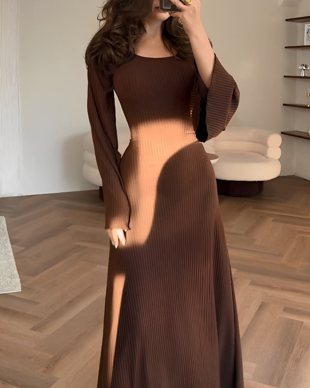 Nora™ | Geribbelde Gebreide Maxi-jurk met Mouwen