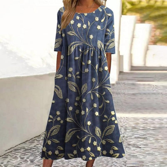 Margit | Stijlvolle Bloemen Borduur Midi Jurk