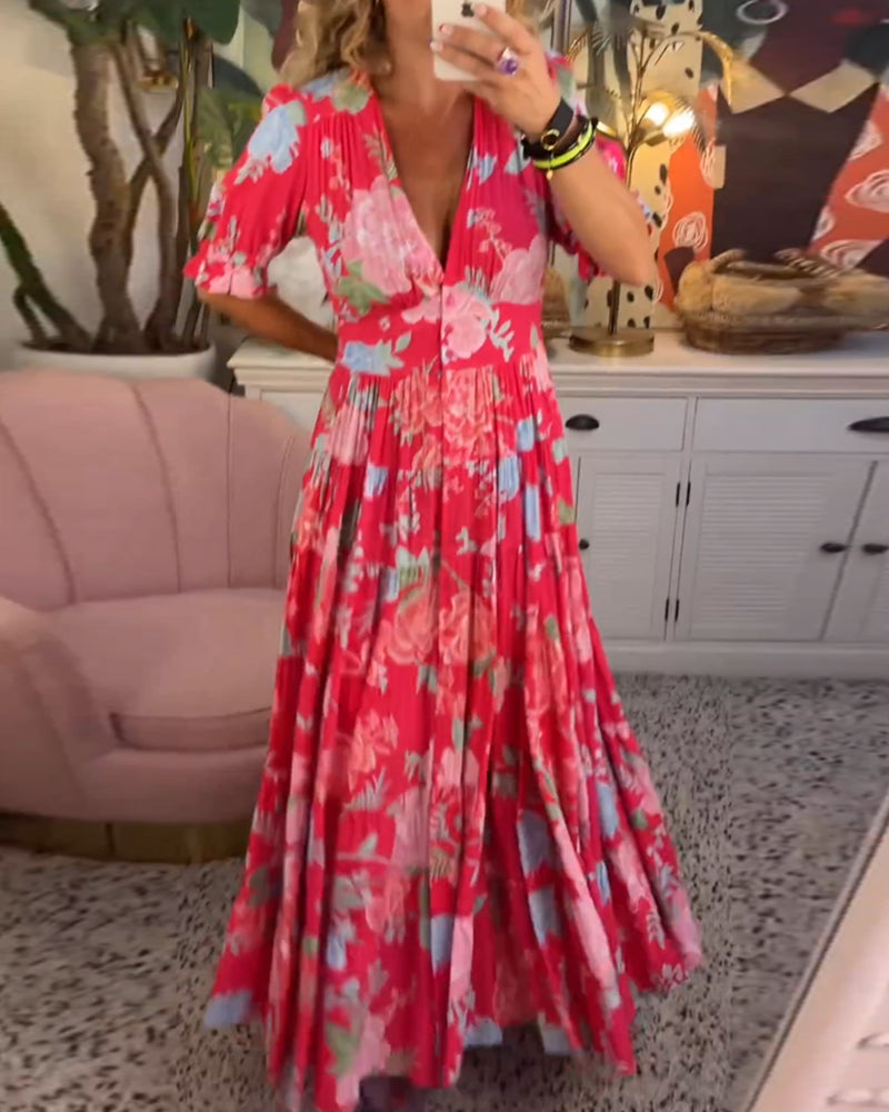 Catrisa™ - Bloemenprint V-hals jurk met zakken