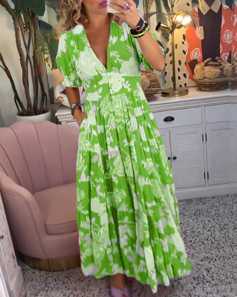 Catrisa™ - Bloemenprint V-hals jurk met zakken
