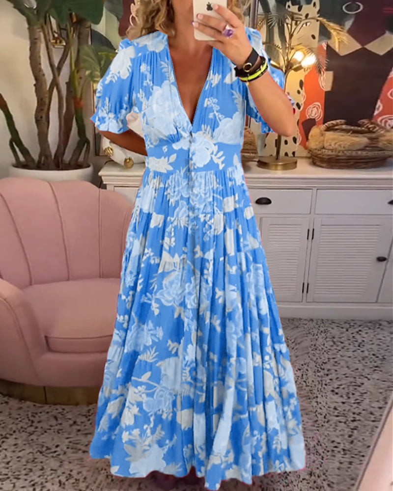 Catrisa™ - Bloemenprint V-hals jurk met zakken