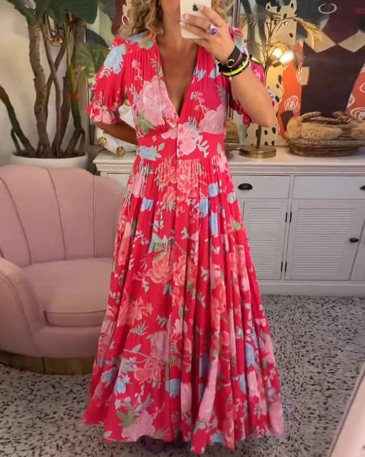 Catrisa™ - Bloemenprint V-hals jurk met zakken