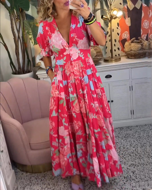 Catrisa™ - Bloemenprint V-hals jurk met zakken