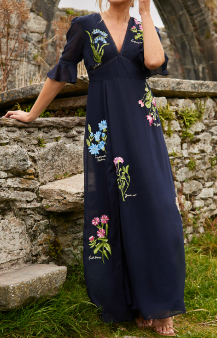 Eliana | Marineblauwe Bloem Borduursel Elegante Jurk
