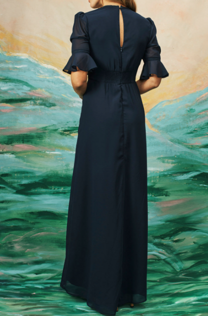 Eliana | Marineblauwe Bloem Borduursel Elegante Jurk