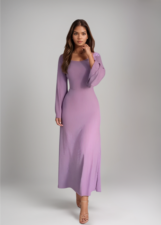 Nora™ | Geribbelde Gebreide Maxi-jurk met Mouwen